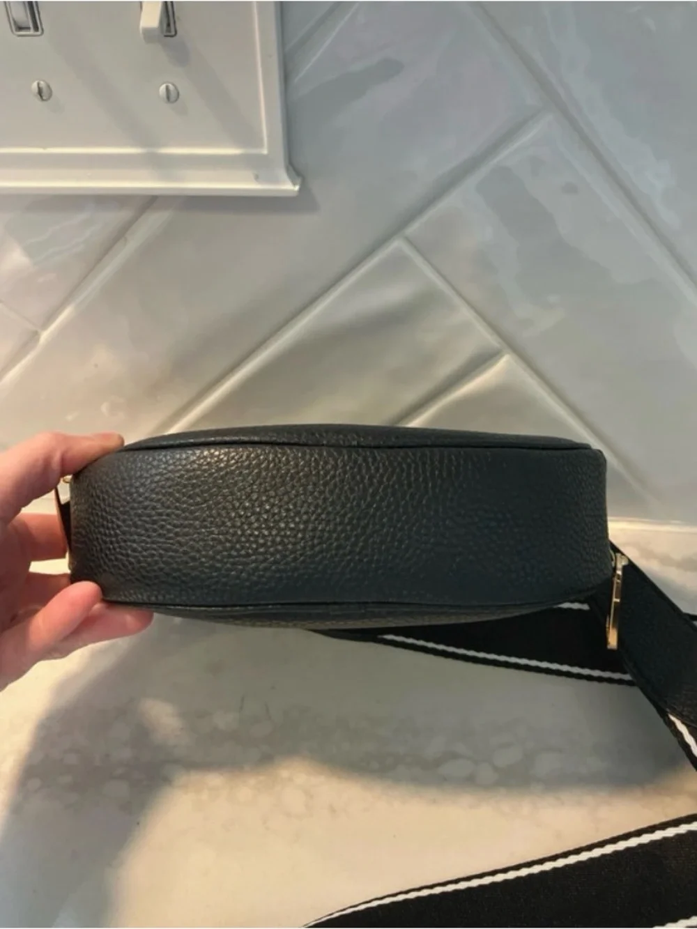 Marc Jacobs Black Pebbled Leather Oval Crossbody with Striped Strap - Picture 5 of 15